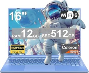 Ordinateur Portable 16 Pouces 4 cœurs Celeron N5095 (jusqu'à 2,9 GHz),12+512GB SSD Soutien Extension 1TB ,PC Portable Win11 Avec 5G WIFI 1920x1200 BT4.2 Souris sans Fil&AZERTY...